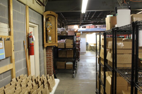 The fulfillment and shipping area, with gift bags ready for guests as they left