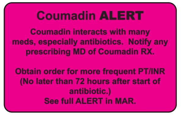 "Coumadin ALERT" Imprinted Label - Fluorescent Pink