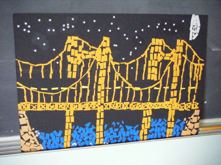 Student suspension bridge night scene mosaic made with colored tape tiles