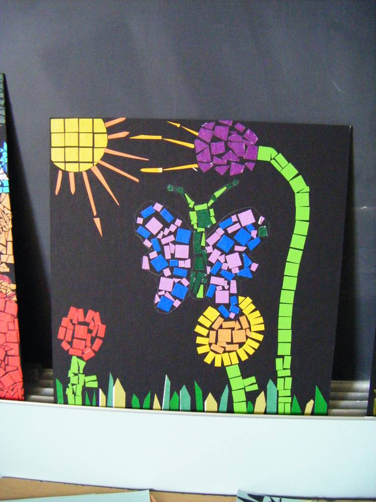 Student butterfly garden mosaic made with colored tape tiles